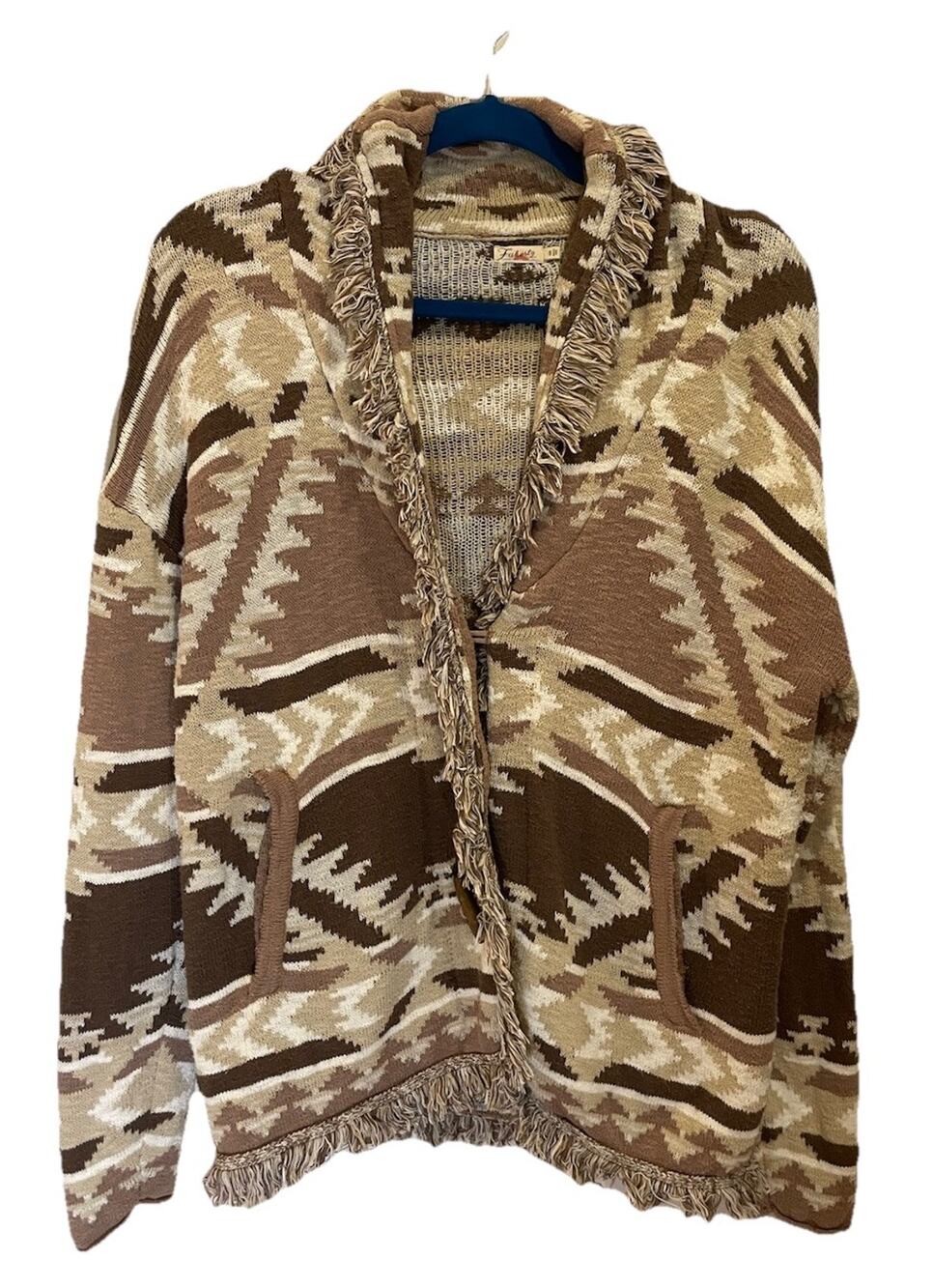 Faherty Brown/Tan/Cream Cardigan Cotton with Toggles, Fringe, & Pockets Sz Med